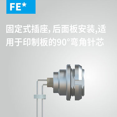 FE-固定式插座，后面板安(ān)装(zhuāng)，适用(yòng)于印制板的90°弯角针芯